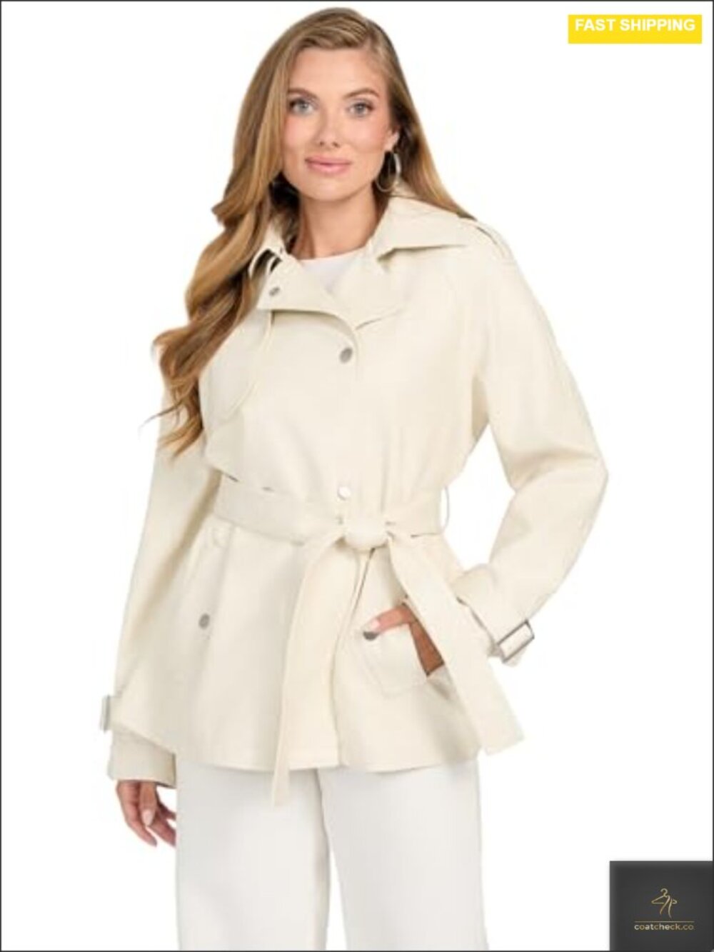 Women's Faux Leather Short Trench Coat with Belt
